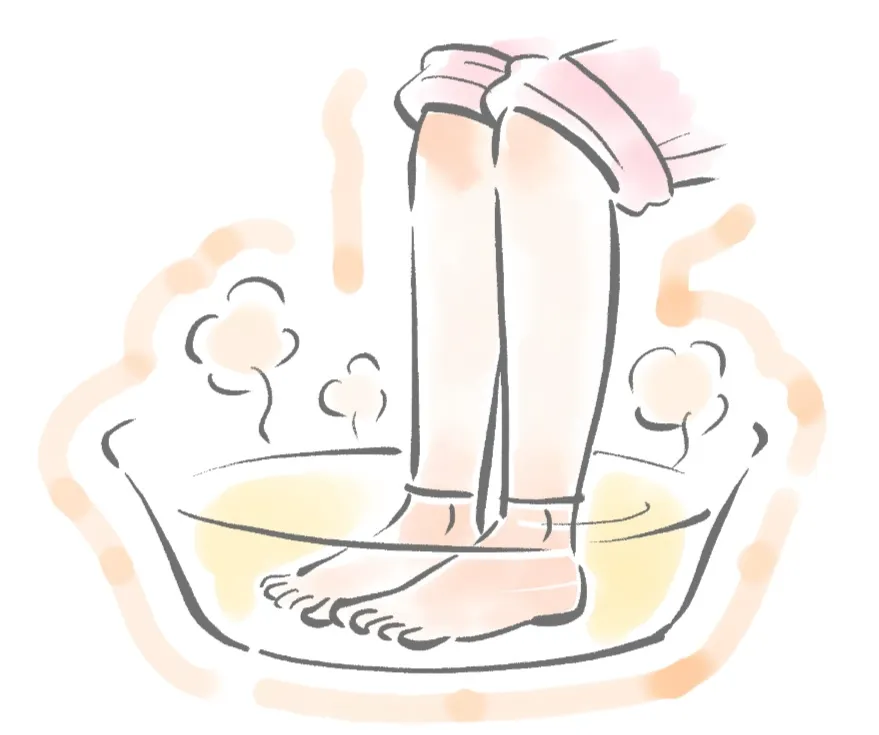 就寝前に足湯をして足元を温めるイラスト。1月の養生として冷えを和らげ、深い眠りを促すセルフケア