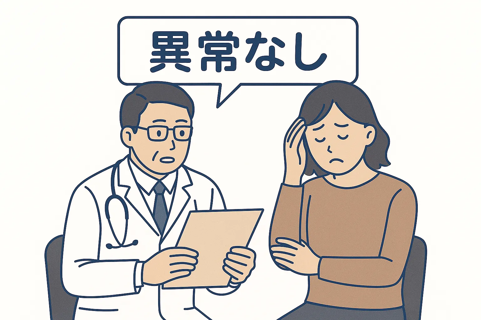 「診察室で医師が異常なしと告げる様子と、納得できず困惑する子どもの表情を描いたイラスト。検査で異常が見つからない起立性調節障害の特徴を伝えている。」