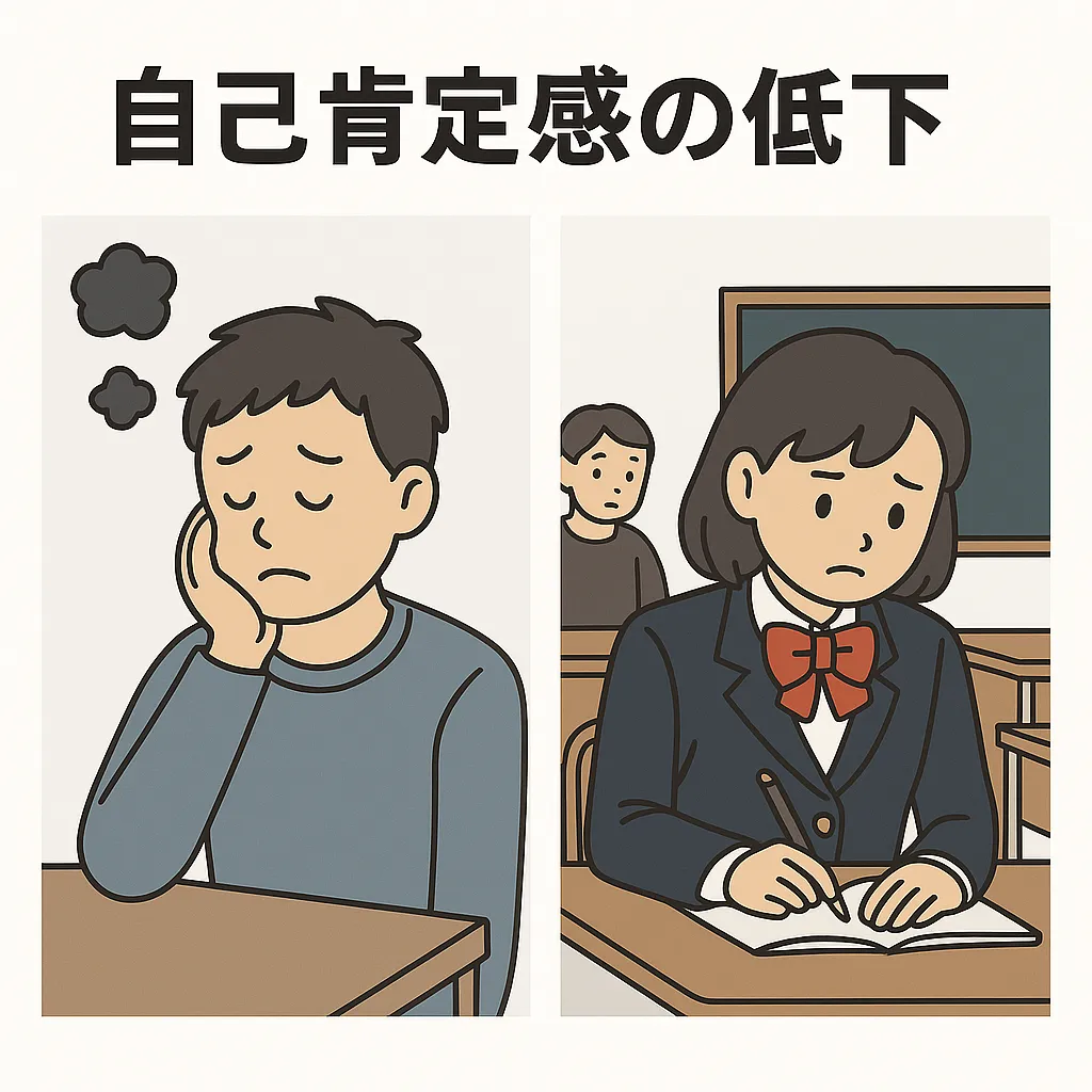 自己肯定感の低下に悩む男子生徒と女子生徒のイラスト。男子はうつむき沈んだ表情で考え込んでおり、女子は教室で寂しそうにノートをとっている。