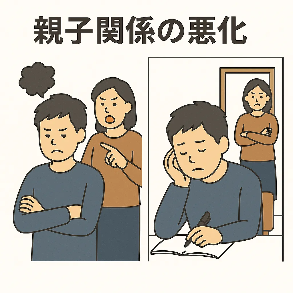 「親に叱られて反発する男子生徒と、教室でうつむきながら勉強する男子生徒。背景には心配そうに見守る母親の姿も描かれ、親子関係の悪化によるストレスや孤独感を表現しているイラスト」