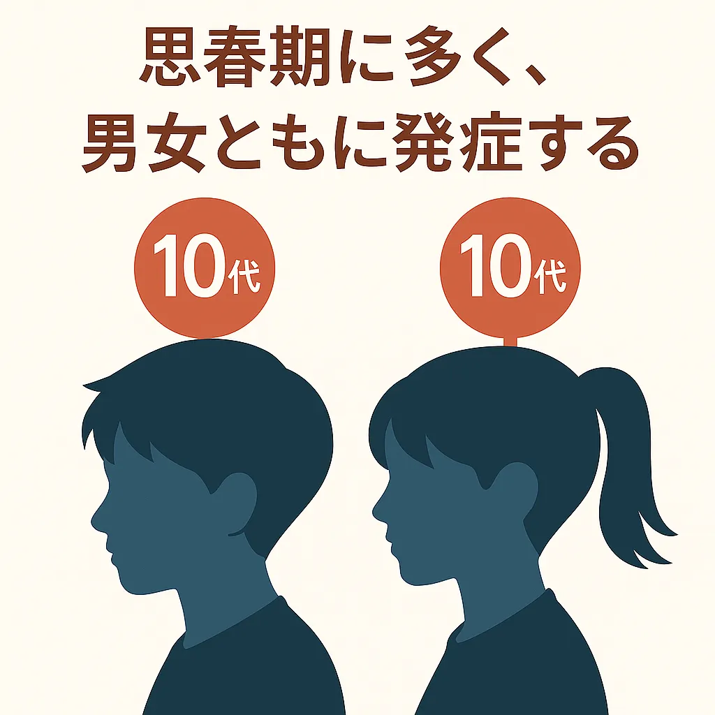 「思春期の男女がそれぞれ体調不良に悩む様子を描いたイラスト。起立性調節障害が中高生に多く見られることを示している。」