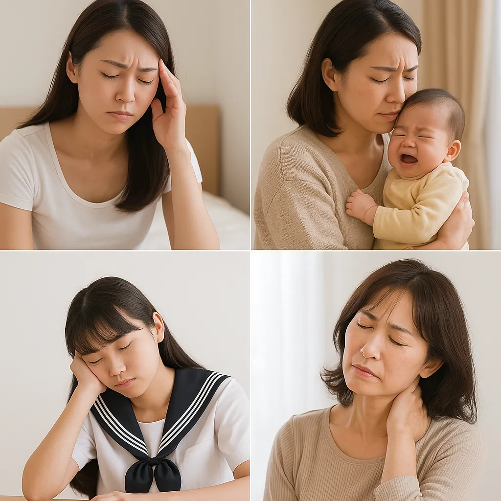ライフステージ別に悩む人々(妊活中の女性、マタニティ期の妊婦、産後ママ、更年期に悩む女性)を表現した優しい雰囲気のコラージュ画像