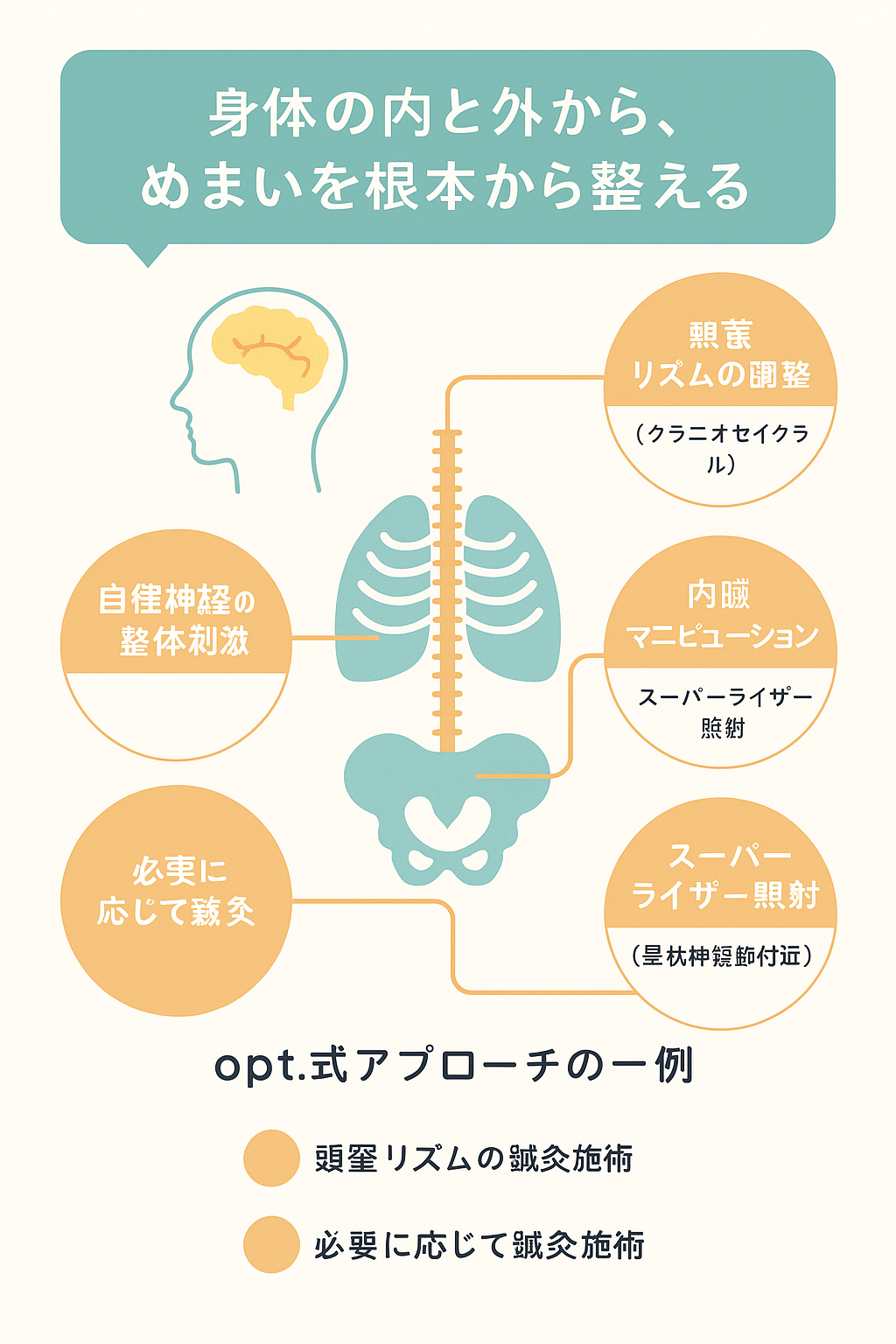 「opt.式アプローチ」では、頭〜内耳〜自律神経までを総合的に整える独自の施術構造を図解