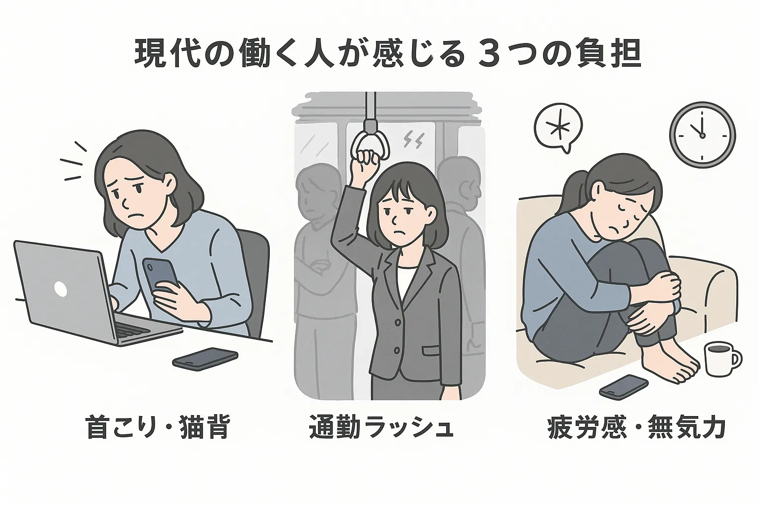 現代の働く人が感じる3つの負担|首こり・猫背、通勤ラッシュ、疲労感・無気力